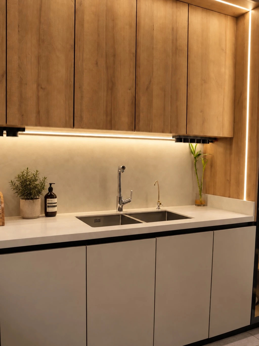 Oak cabinetry and preparation area