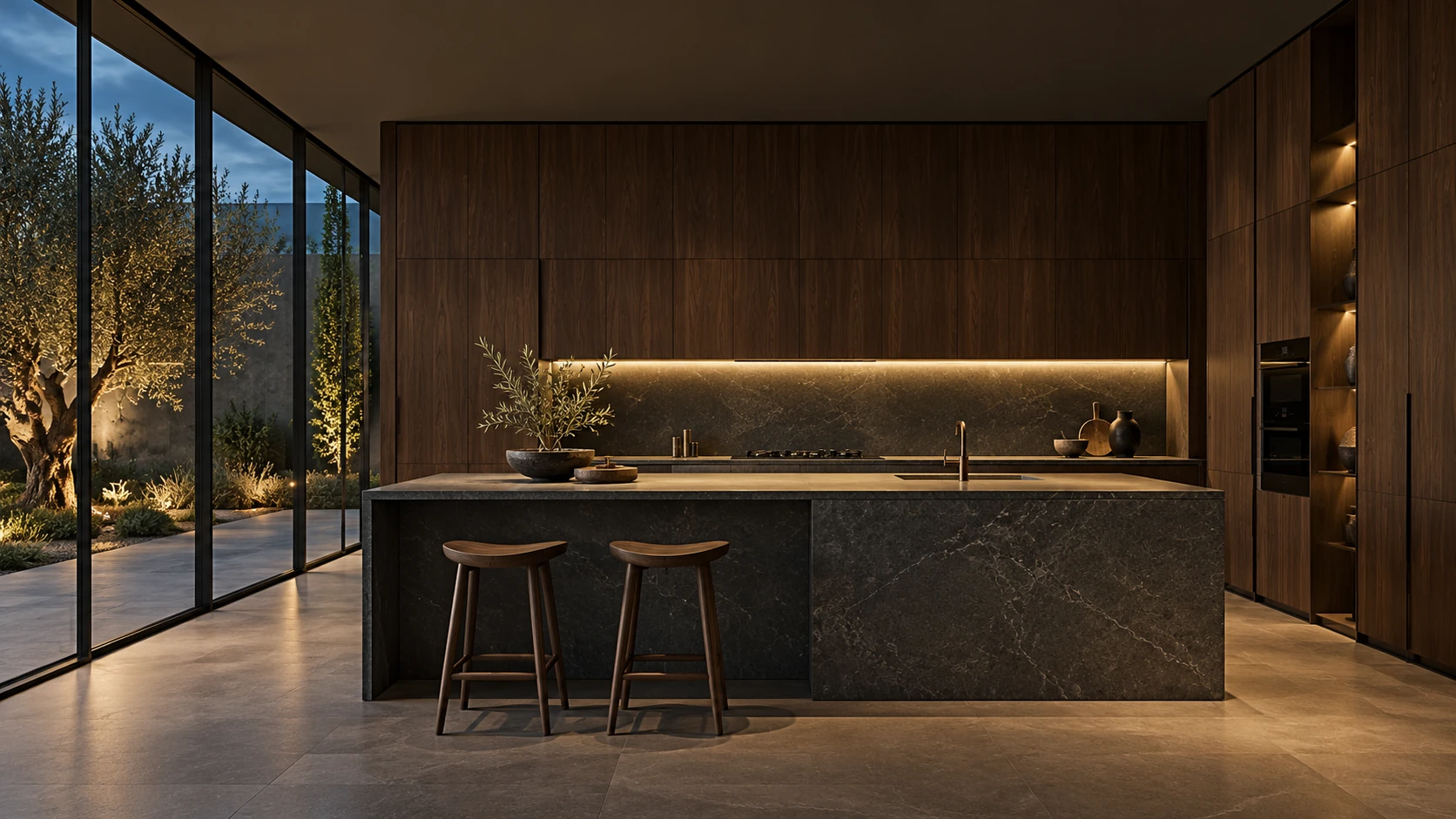 Kitchen concept with a stone island and dark oak cabinetry